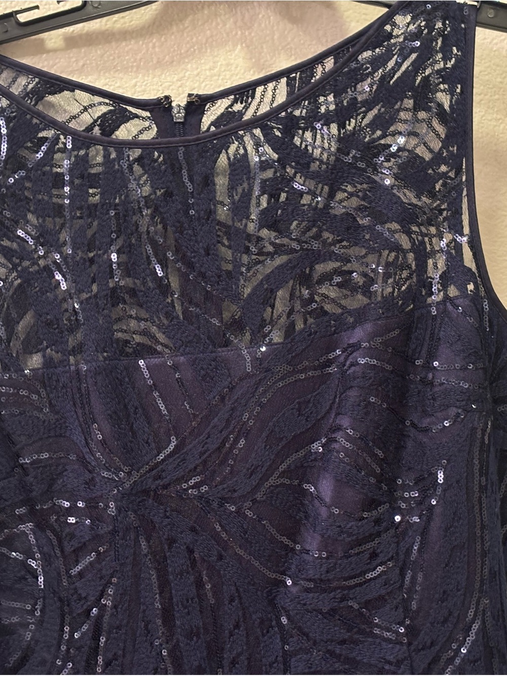Tahari Navy Sequin Lace Sheer Yoke Evening Dress